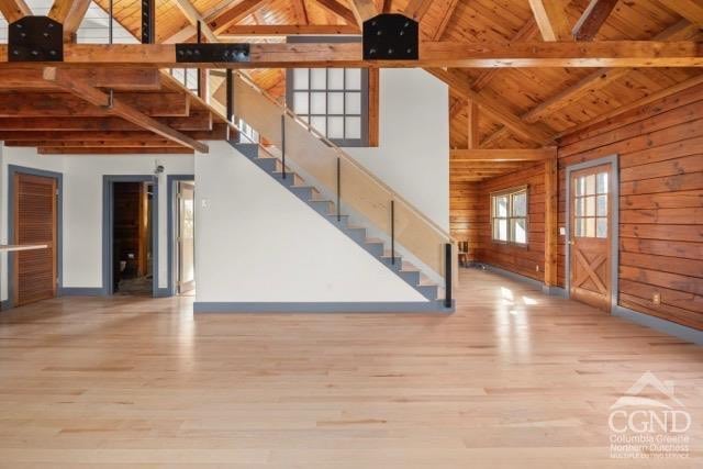 269 Church Ave, Germantown, NY 12526 - unfurnished living room featuring high vaulted ceiling, wooden ceiling, wood finished floors, beamed ceiling, and wooden walls
