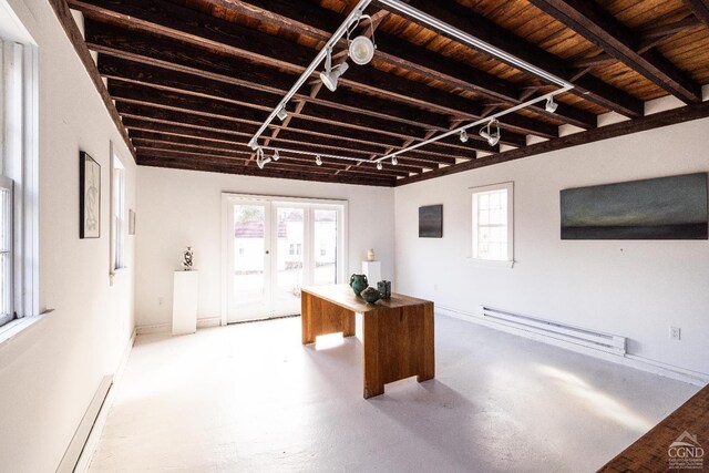 1301 County Route 7, Ancram, NY 12502 - unfurnished office featuring a baseboard heating unit, concrete flooring, baseboards, and beamed ceiling