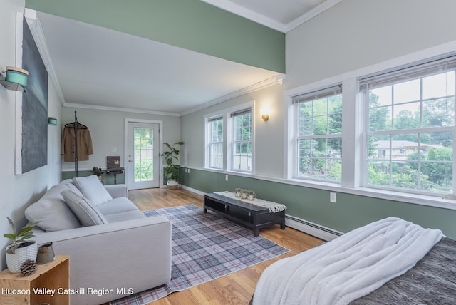 65 Lamb Ave, Saugerties, NY 12477 - living room featuring baseboard heating, crown molding, and wood finished floors