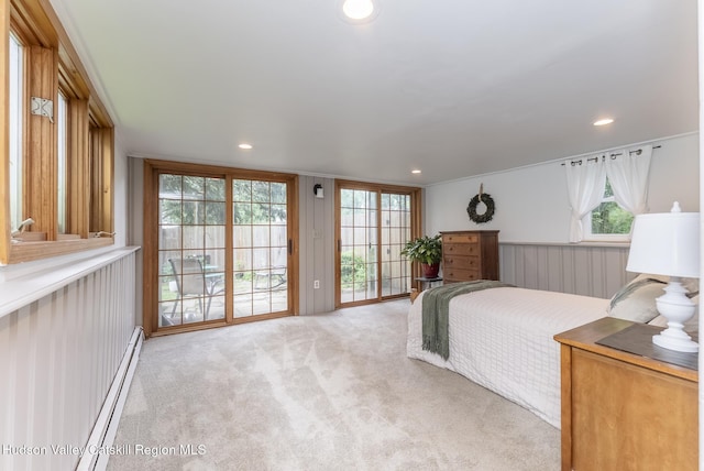65 Lamb Ave, Saugerties, NY 12477 - bedroom with access to outside, light colored carpet, recessed lighting, a baseboard radiator, and a wainscoted wall