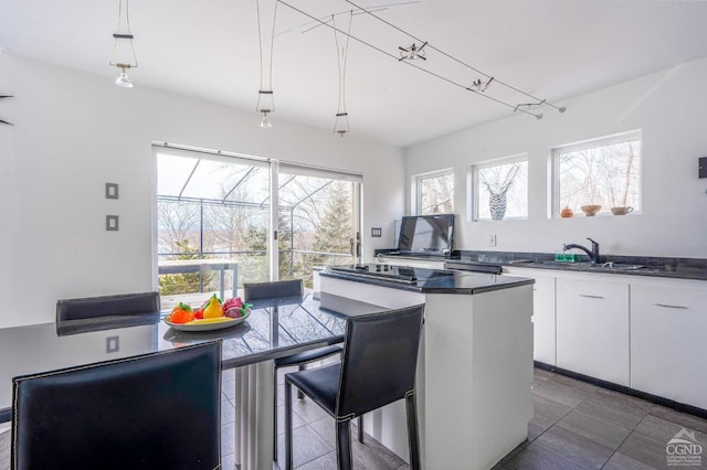 219 Sleepy Hollow Rd, Athens, NY 12015 - kitchen featuring a sink, dark countertops, white cabinets, dark tile patterned floors, and hanging light fixtures