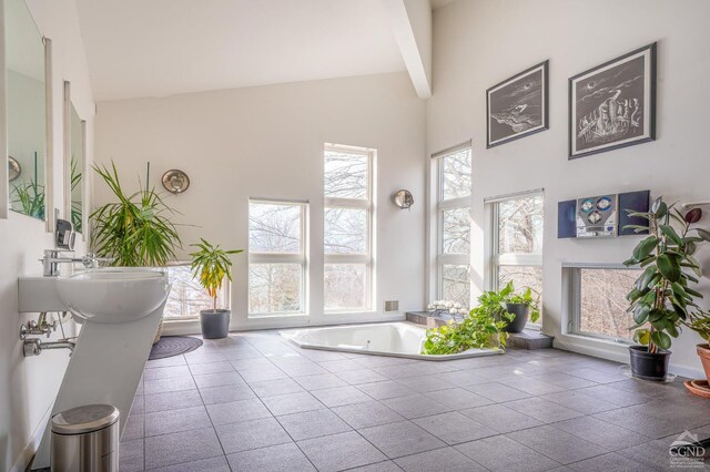 219 Sleepy Hollow Rd, Athens, NY 12015 - building lobby with high vaulted ceiling, beamed ceiling, and a sink