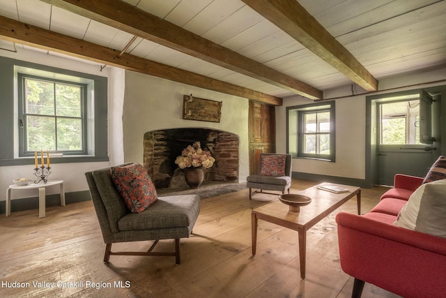 19 Dug Rd, Accord, NY 12404 - living room with light wood-style floors, a stone fireplace, and a wooden ceiling with exposed beams