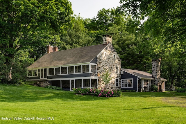 19 Dug Rd, Accord, NY 12404 - rear view of property featuring a chimney, a sunroom, stone siding, and a yard