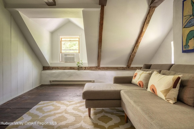 19 Dug Rd, Accord, NY 12404 - living room with lofted ceiling, wood-type flooring, cooling unit, and a baseboard radiator