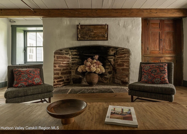 19 Dug Rd, Accord, NY 12404 - living area with wood finished floors, a wood ceiling with exposed beams, and a stone fireplace