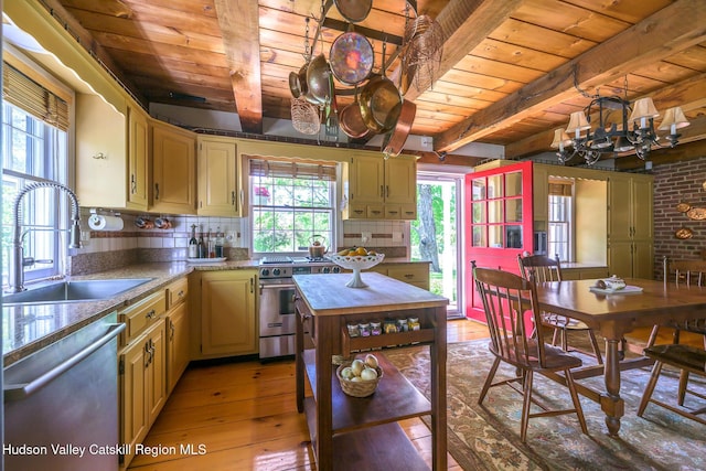 kitchen with appliances with stainless steel finishes, wooden ceiling with exposed beams, a sink, light wood-type flooring, and a chandelier