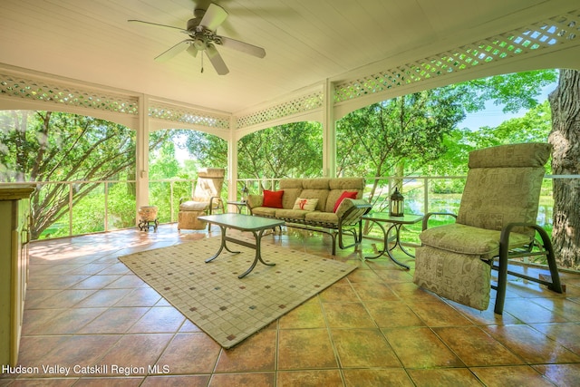 view of patio with a ceiling fan and an outdoor hangout area