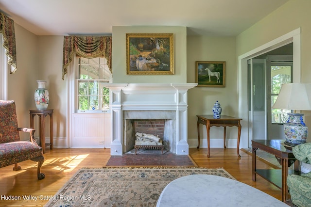 sitting room with wood finished floors, healthy amount of natural light, and baseboards