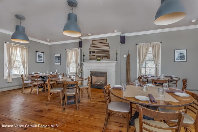dining room with light wood finished floors, ornamental molding, a baseboard heating unit, baseboards, and a fireplace
