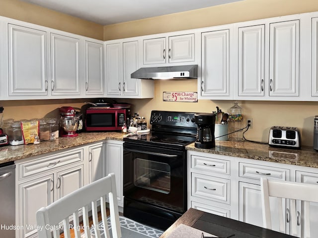 40-67 Popstone Rd, Stone Ridge, NY 12484 - kitchen featuring black / electric stove, under cabinet range hood, white cabinetry, and dishwasher