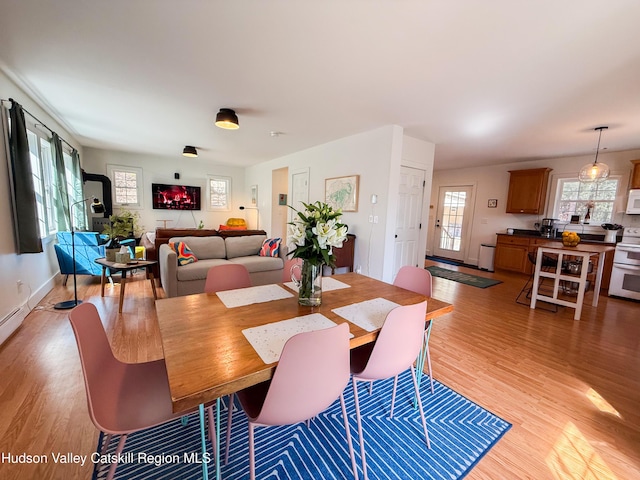 dining area featuring baseboards and light wood finished floors