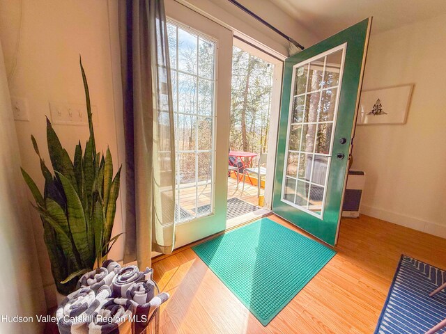 doorway featuring baseboards and wood finished floors