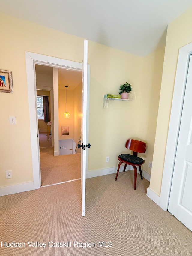 hall featuring baseboards and carpet flooring