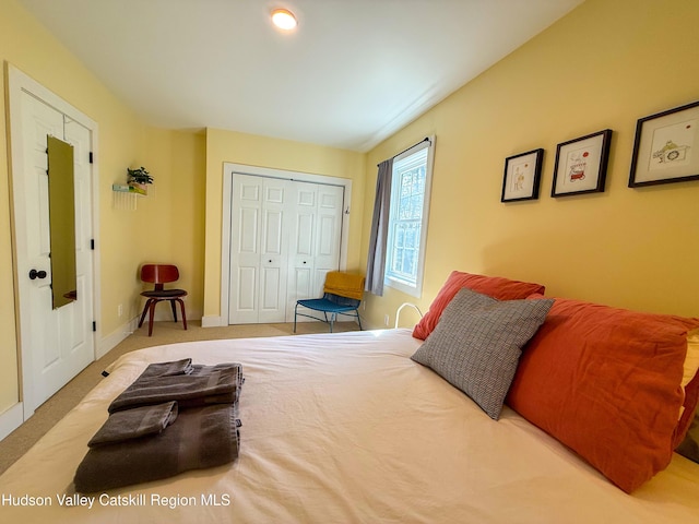 bedroom featuring carpet, baseboards, and a closet