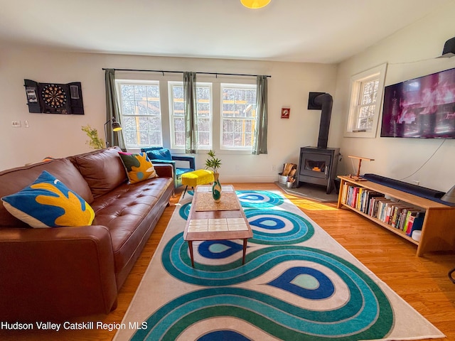 living room featuring a wood stove and wood finished floors