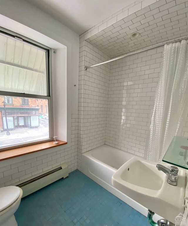 330-336 Warren, Hudson, NY 12534 - bathroom featuring toilet, a baseboard heating unit, and shower / bath combo