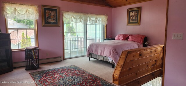 5320 Rte 23, Windham, NY 12496 - bedroom with baseboard heating, multiple windows, carpet, vaulted ceiling, and access to outside