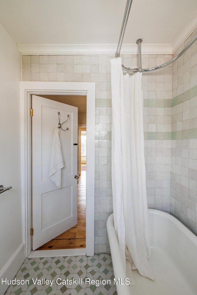 225 Robinson St, Hudson, NY 12534 - full bath with shower / tub combo with curtain and tile patterned floors