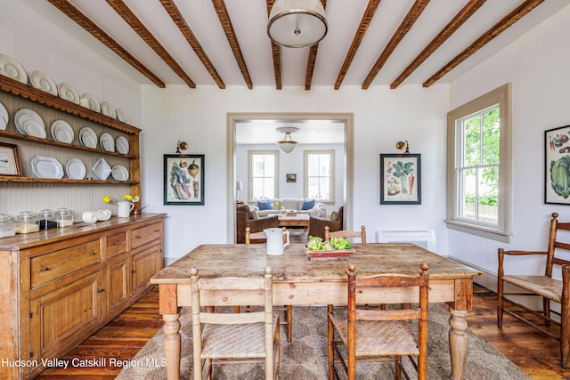 225 Robinson St, Hudson, NY 12534 - dining area featuring dark wood-style flooring, healthy amount of natural light, and beam ceiling