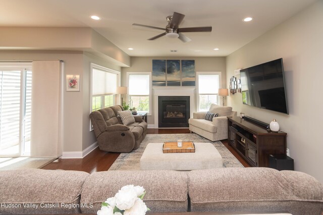 208 Hudson View Ter, Hyde Park, NY 12538 - living room with plenty of natural light, ceiling fan, wood finished floors, a glass covered fireplace, and recessed lighting