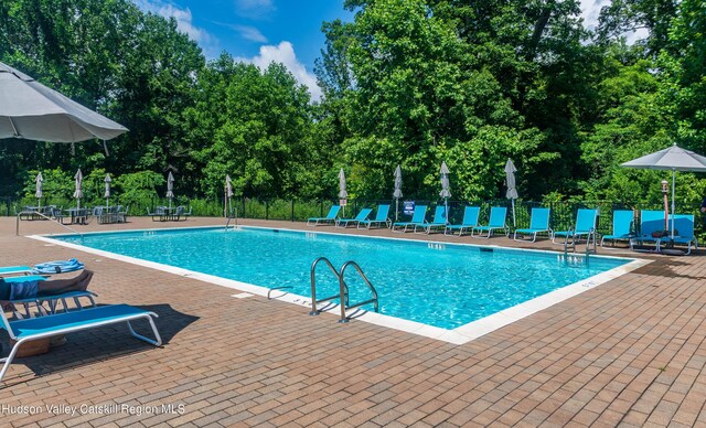 208 Hudson View Ter, Hyde Park, NY 12538 - community pool featuring a patio and view of wooded area