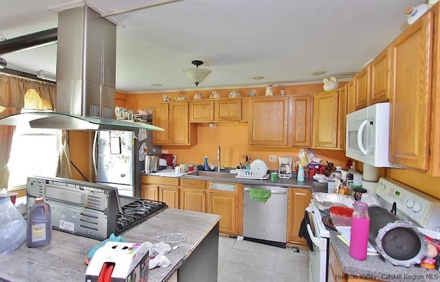 kitchen with island range hood, sink, and white appliances