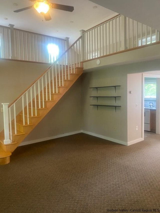 stairs featuring ceiling fan and carpet