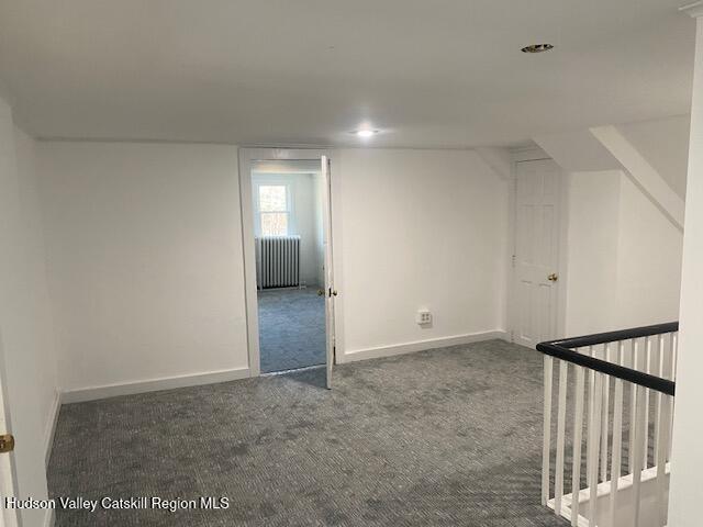 additional living space featuring dark colored carpet and radiator