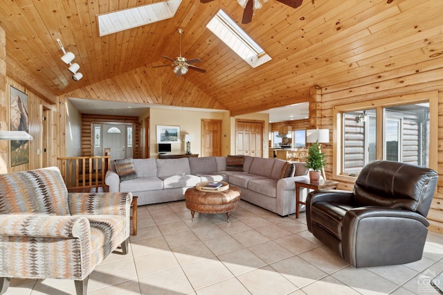 187 Mt Jeffereson Rd, Jefferson, NY 12167 - living area featuring a skylight, a ceiling fan, light tile patterned flooring, wood ceiling, and rail lighting
