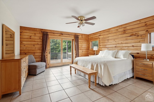 187 Mt Jeffereson Rd, Jefferson, NY 12167 - bedroom featuring access to outside, light tile patterned floors, rustic walls, and a ceiling fan