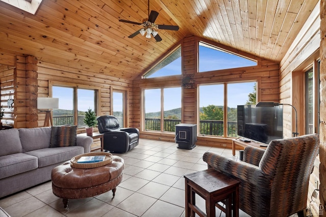 187 Mt Jeffereson Rd, Jefferson, NY 12167 - living area featuring plenty of natural light, wood ceiling, light tile patterned floors, high vaulted ceiling, and log walls