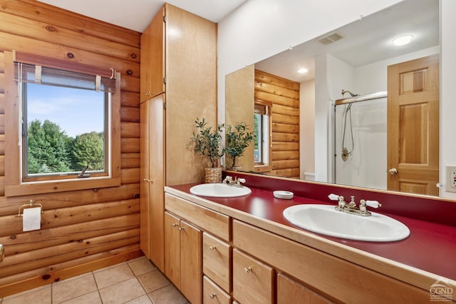 187 Mt Jeffereson Rd, Jefferson, NY 12167 - bathroom with log walls, healthy amount of natural light, a shower stall, double vanity, and tile patterned flooring