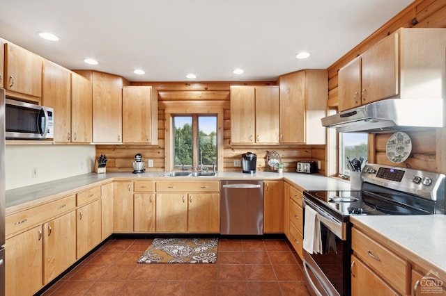 187 Mt Jeffereson Rd, Jefferson, NY 12167 - kitchen featuring appliances with stainless steel finishes, under cabinet range hood, a sink, light countertops, and recessed lighting
