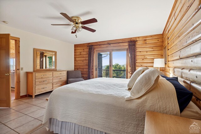 187 Mt Jeffereson Rd, Jefferson, NY 12167 - bedroom with log walls, access to outside, light tile patterned floors, and ceiling fan