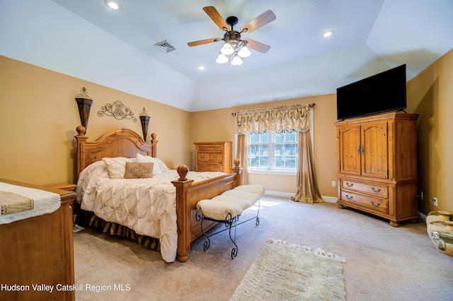 bedroom featuring light carpet, recessed lighting, visible vents, and lofted ceiling