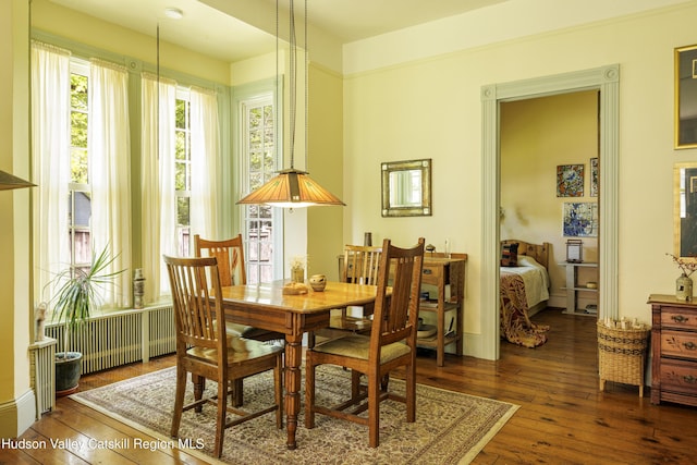 dining area featuring hardwood / wood-style floors and radiator heating unit