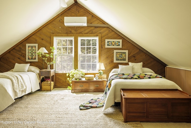 carpeted bedroom with wooden walls, a wall mounted air conditioner, and vaulted ceiling