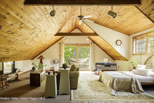 bedroom with carpet, multiple windows, vaulted ceiling, access to exterior, and wooden ceiling