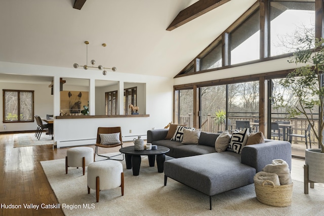 living room featuring hardwood / wood-style flooring, beamed ceiling, high vaulted ceiling, and a baseboard radiator