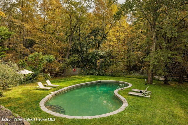 view of swimming pool featuring a yard