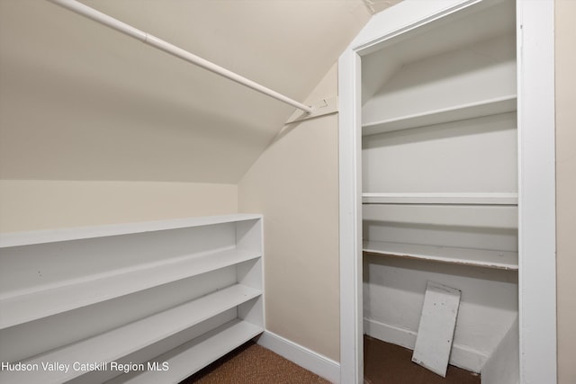 spacious closet featuring dark colored carpet and lofted ceiling