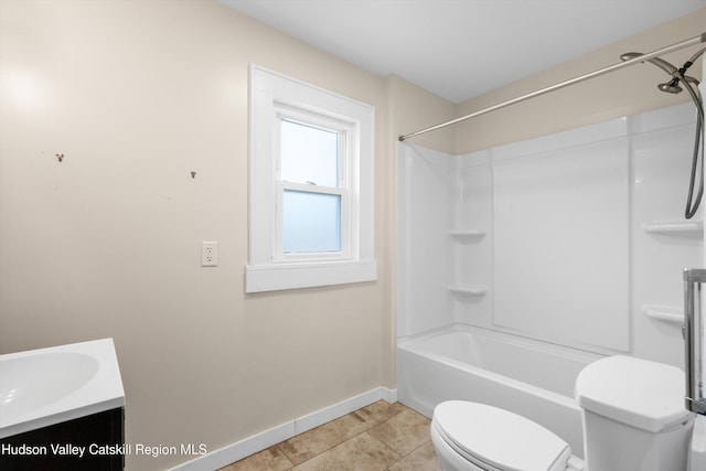 full bathroom with vanity,  shower combination, tile patterned floors, and toilet