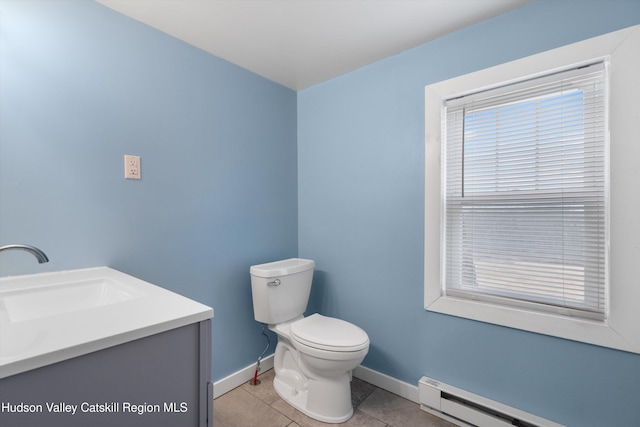 bathroom with tile patterned flooring, a baseboard radiator, vanity, and toilet