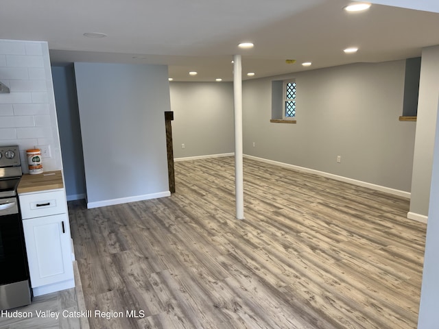 basement with light hardwood / wood-style flooring