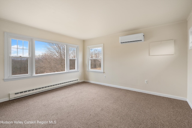 spare room with carpet flooring, an AC wall unit, and baseboard heating