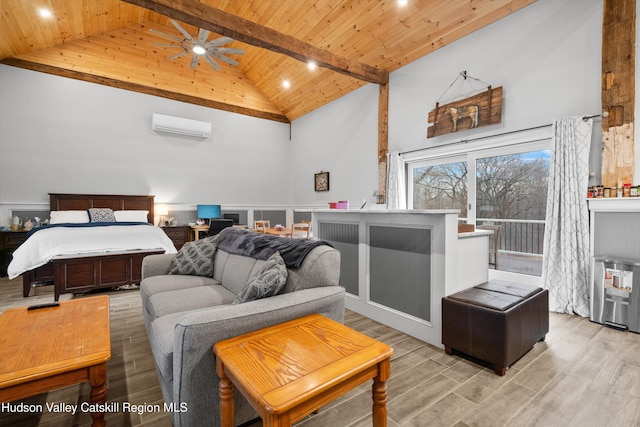 bedroom with an AC wall unit, high vaulted ceiling, wood ceiling, beam ceiling, and light hardwood / wood-style flooring