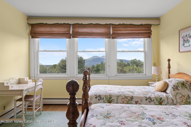 bedroom featuring a mountain view and light hardwood / wood-style floors