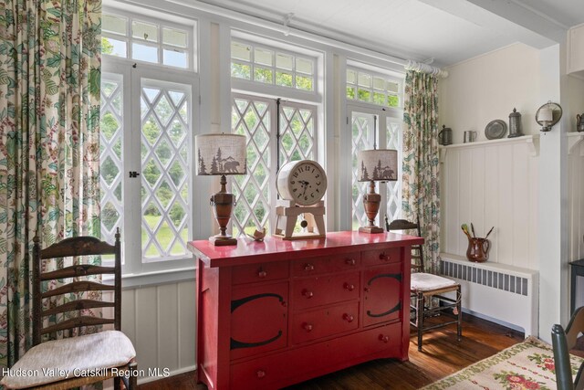 sitting room with a wealth of natural light, radiator heating unit, dark wood-type flooring, and french doors