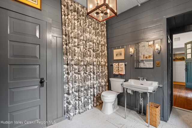 bathroom featuring wood walls, toilet, and sink